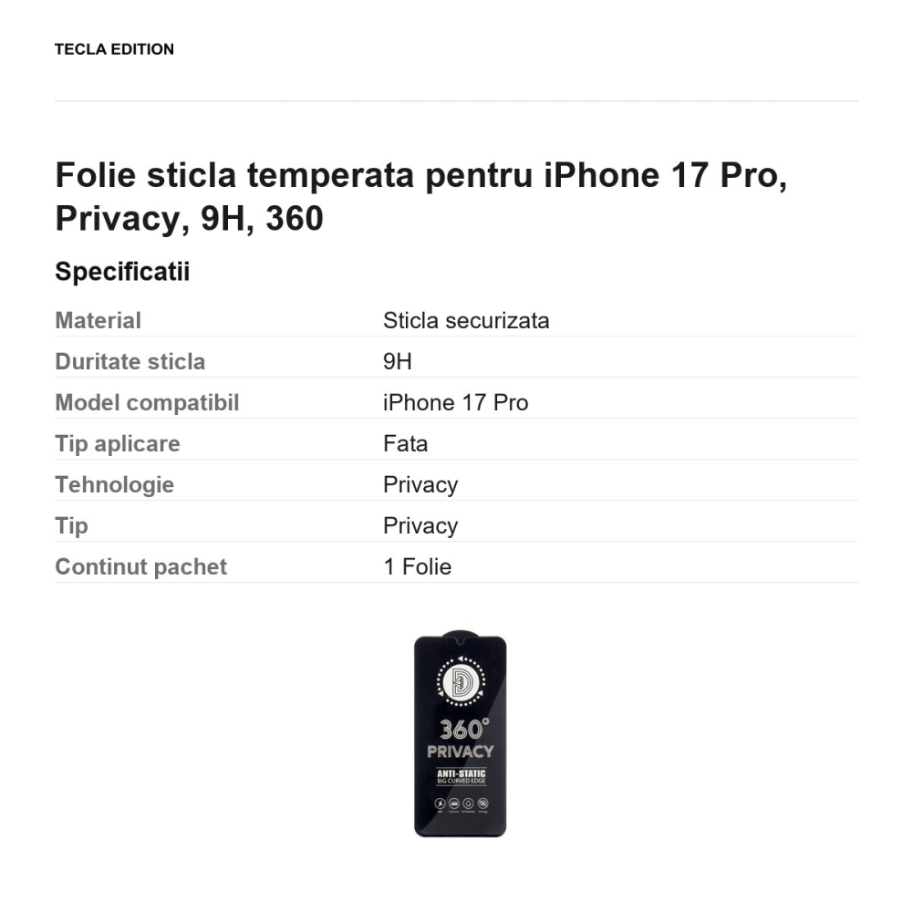 Folie sticla temperata pentru iPhone 17 Pro, Privacy, 9H, 360 [3]