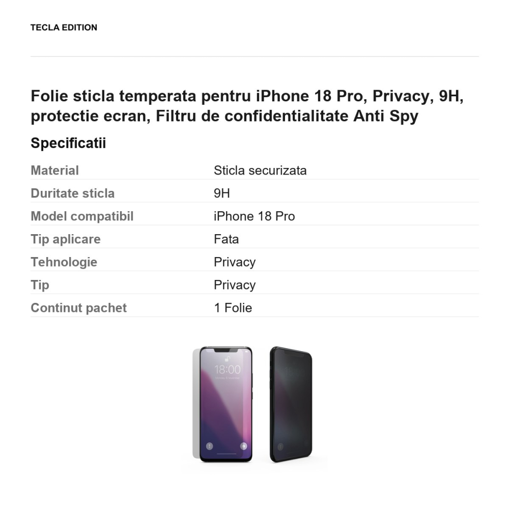 Folie sticla temperata pentru iPhone 18 Pro, Privacy, 9H, protectie ecran, Filtru de confidentialitate Anti Spy [3]