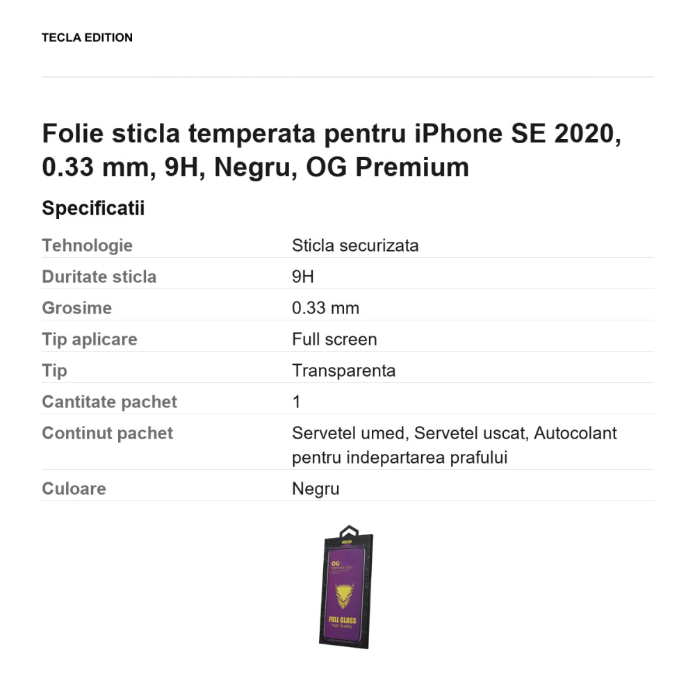Folie sticla temperata pentru iPhone SE 2020, 0.33 mm, 9H, Negru, OG Premium [3]
