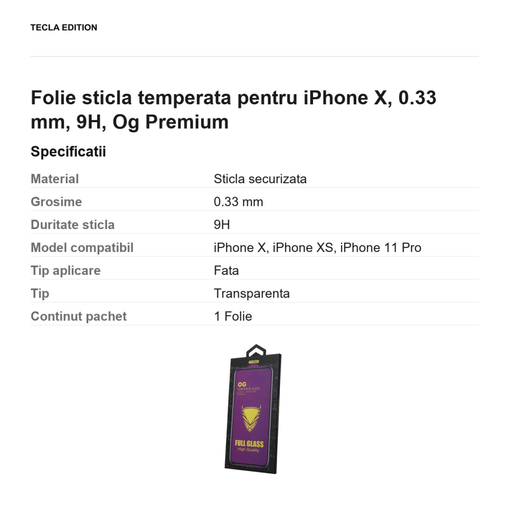 Folie sticla temperata pentru iPhone X, 0.33 mm, 9H, Og Premium [3]