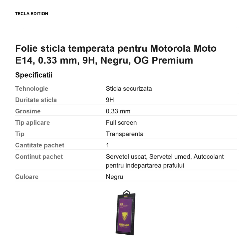 Folie sticla temperata pentru Motorola Moto E14, 0.33 mm, 9H, Negru, OG Premium [3]