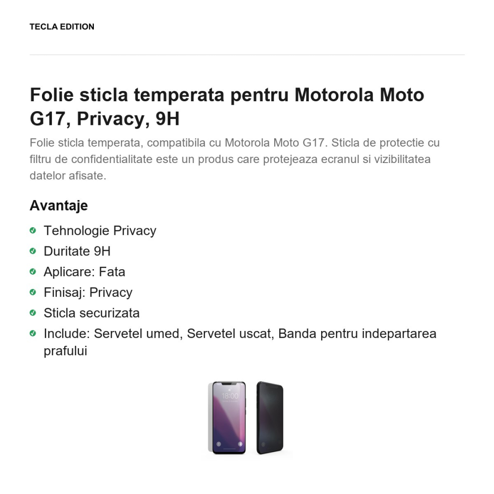 Folie sticla temperata pentru Motorola Moto G17, Privacy, 9H [2]