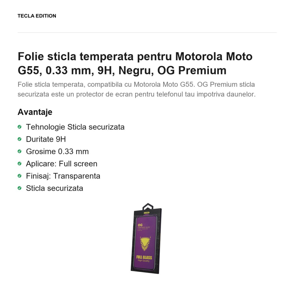 Folie sticla temperata pentru Motorola Moto G55, 0.33 mm, 9H, Negru, OG Premium [2]