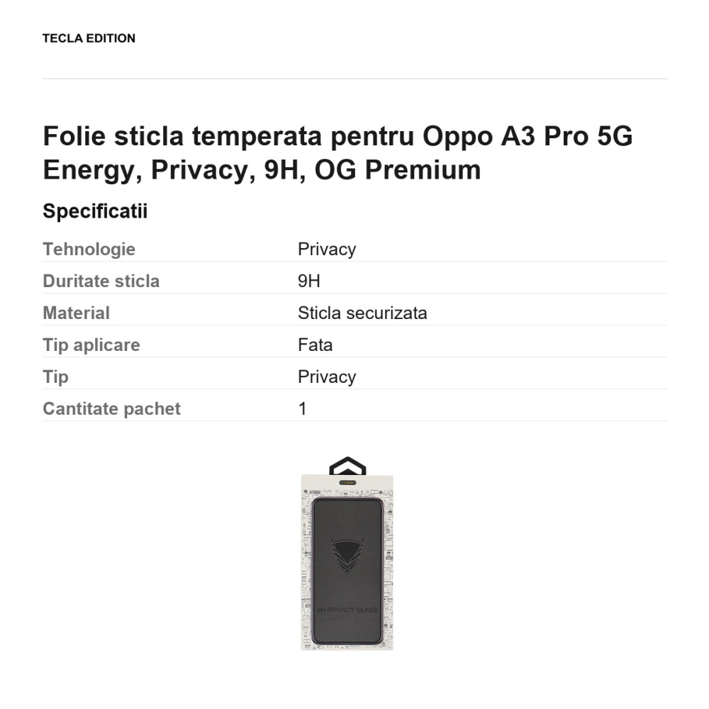 Folie sticla temperata pentru Oppo A3 Pro 5G Energy, Privacy, 9H, OG Premium [3]