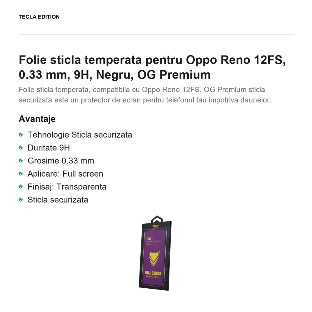 Folie sticla temperata pentru Oppo Reno 12FS, 0.33 mm, 9H, Negru, OG Premium [2]