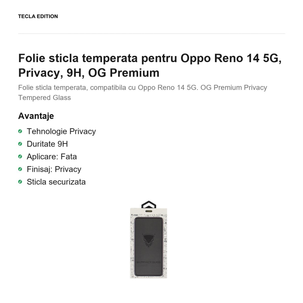 Folie sticla temperata pentru Oppo Reno 14 5G, Privacy, 9H, OG Premium [2]