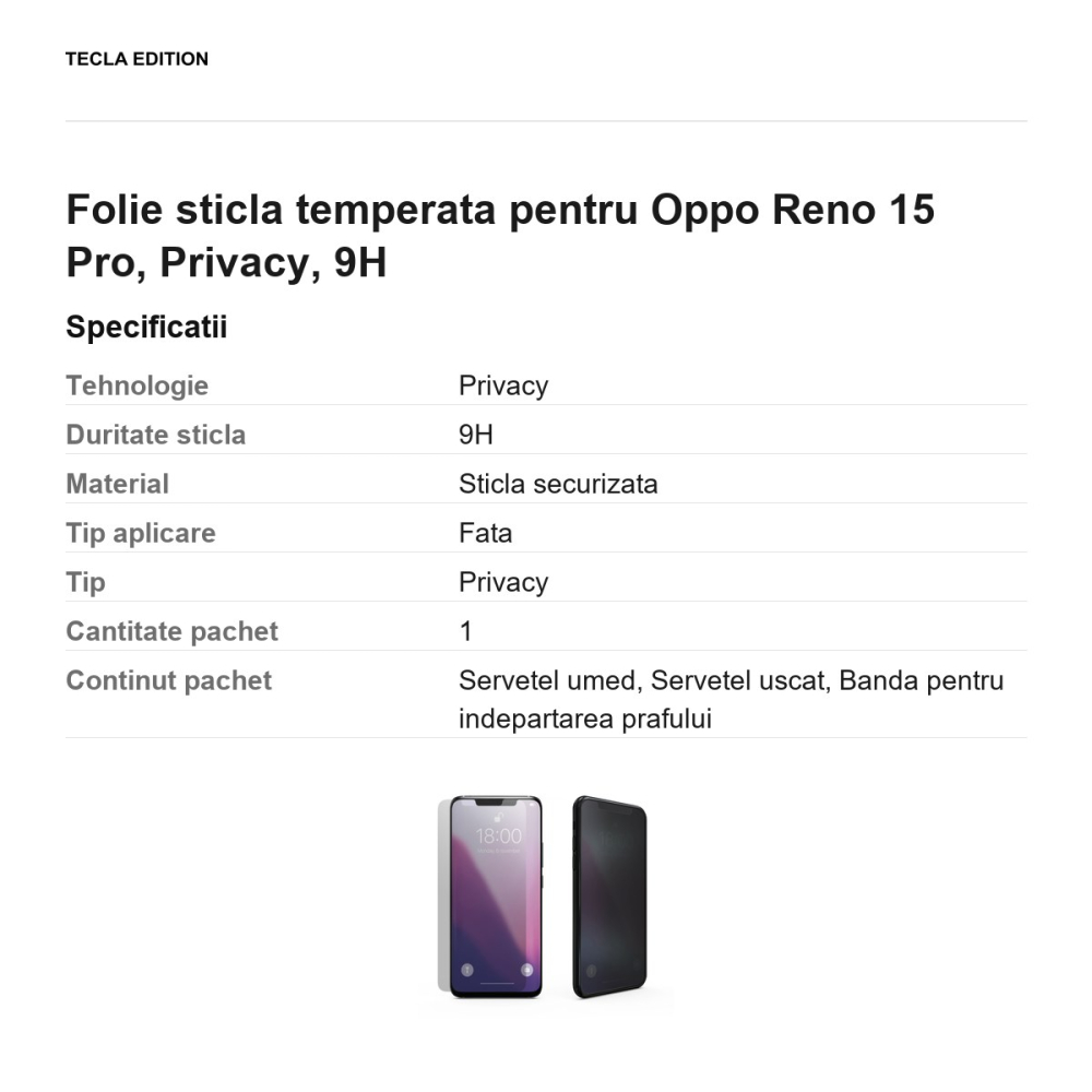 Folie sticla temperata pentru Oppo Reno 15 Pro, Privacy, 9H [3]