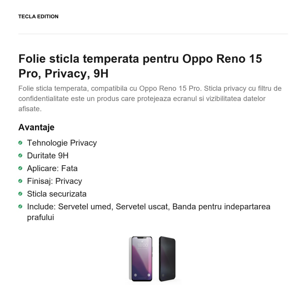 Folie sticla temperata pentru Oppo Reno 15 Pro, Privacy, 9H [2]