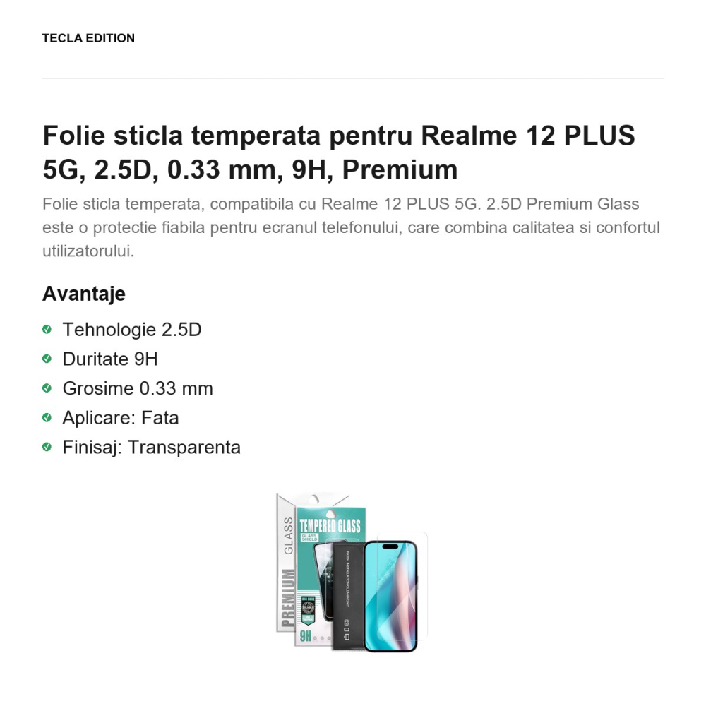 Folie sticla temperata pentru Realme 12 Plus, 2.5D, 0.33 mm, 9H, Premium [2]
