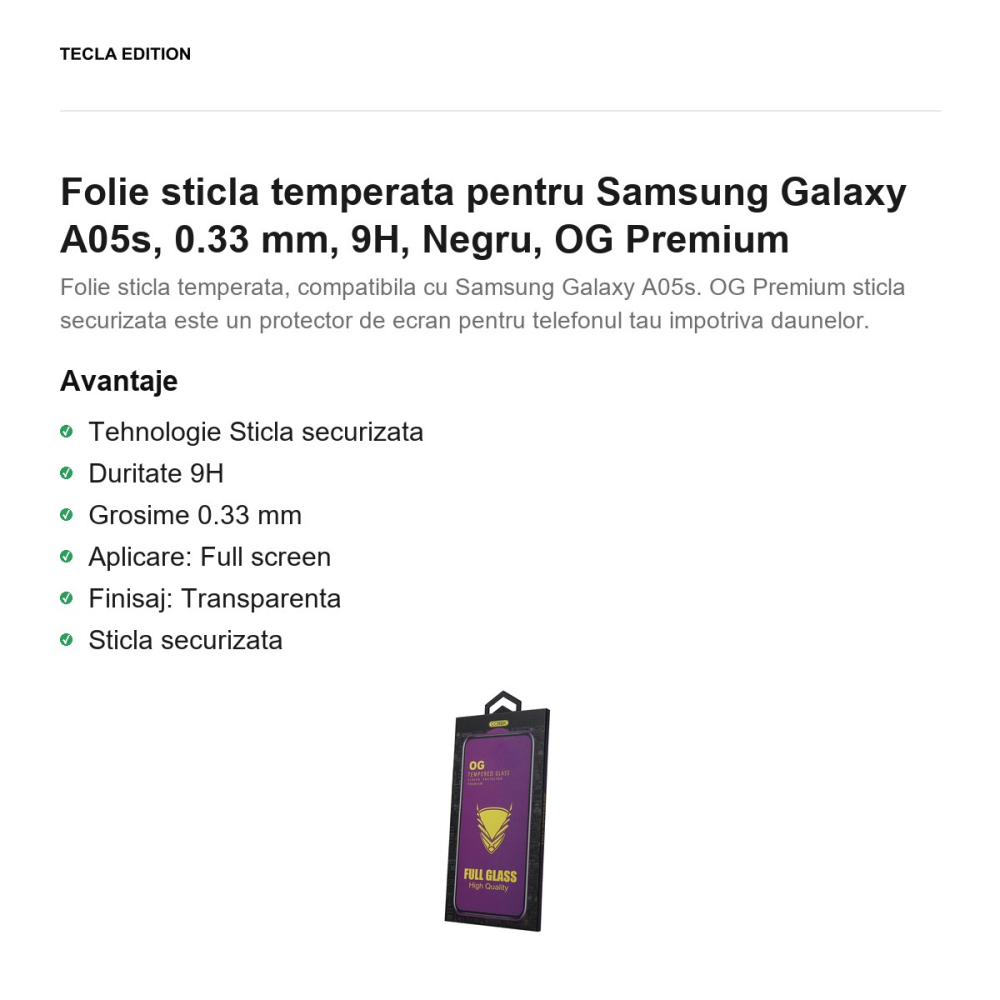 Folie sticla temperata pentru Samsung Galaxy A05s, 0.33 mm, 9H, Negru, OG Premium [2]