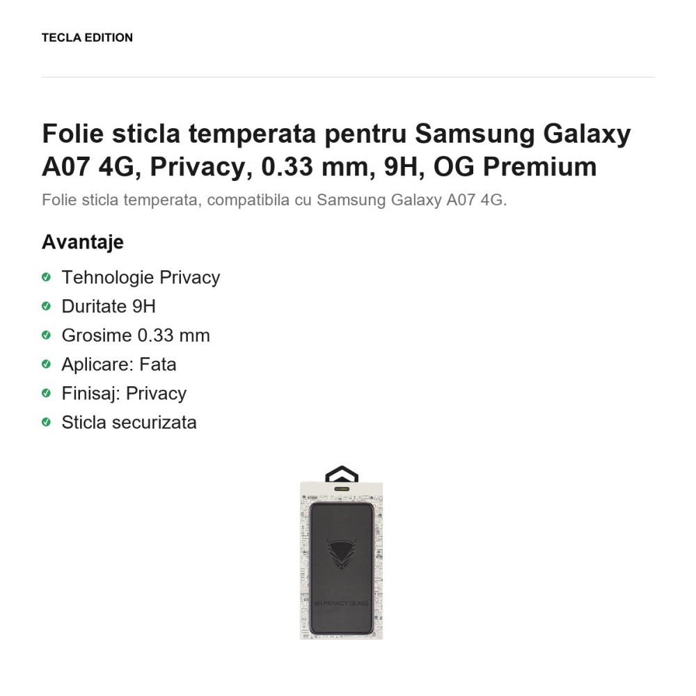 Folie sticla temperata pentru Samsung Galaxy A07 4G, Privacy, 0.33 mm, 9H, OG Premium [2]