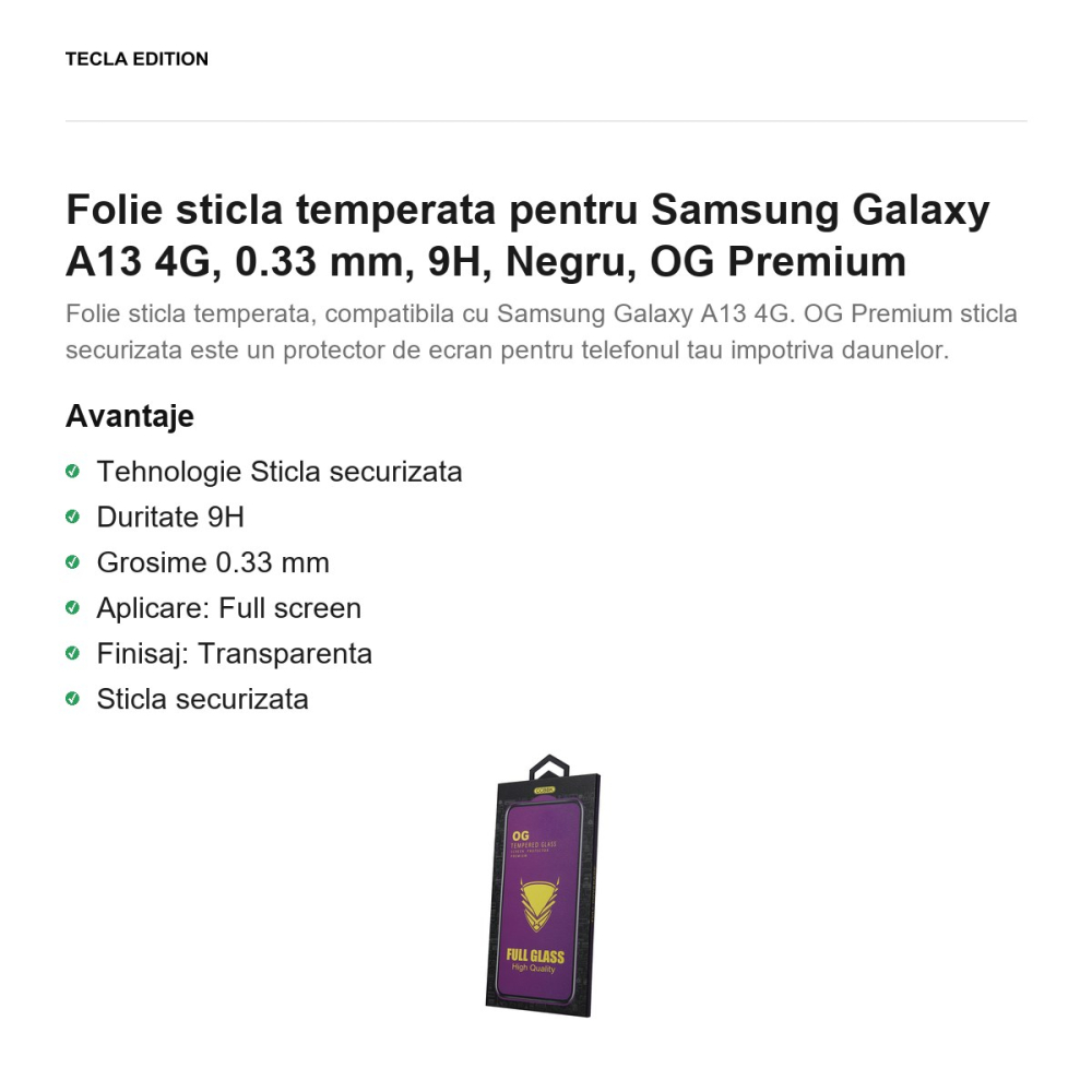 Folie sticla temperata pentru Samsung Galaxy A13 4G, 0.33 mm, 9H, Negru, OG Premium [2]