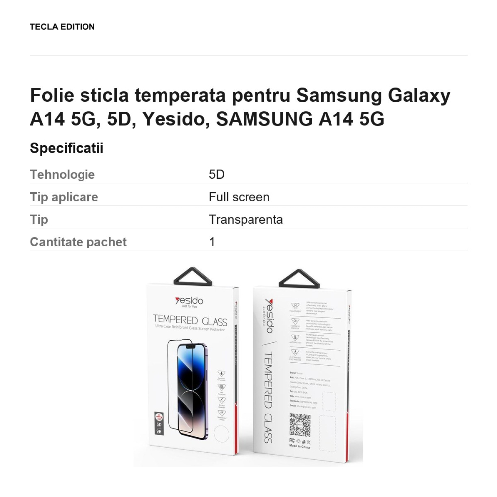 Folie sticla temperata pentru Samsung Galaxy A14 5G, 5D, Yesido, SAMSUNG A14 5G [3]