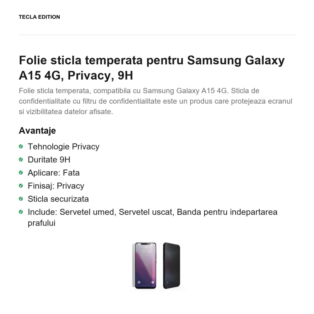 Folie sticla temperata pentru Samsung Galaxy A15 4G, Privacy, 9H [2]
