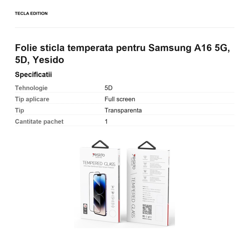 Folie sticla temperata pentru Samsung Galaxy A16 5G, 5D, Yesido [3]