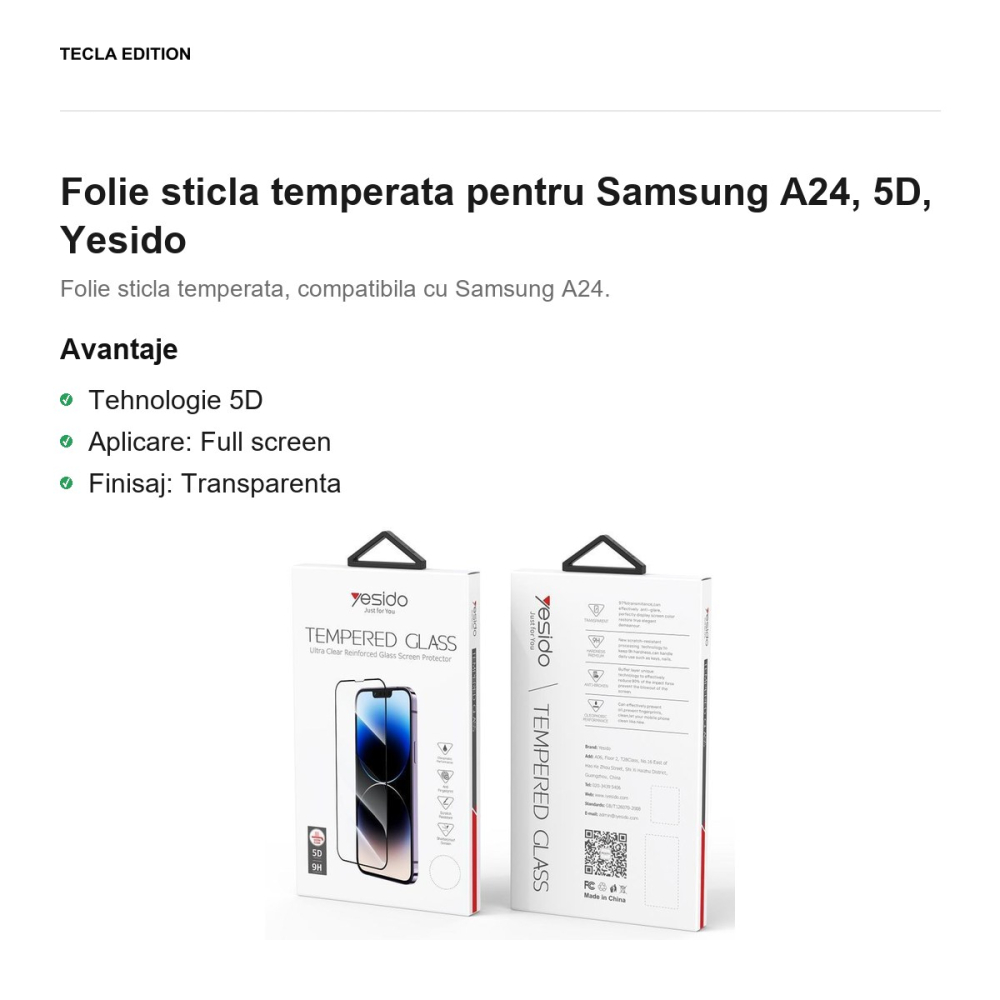Folie sticla temperata pentru Samsung Galaxy A24 4G, 5D, Yesido [2]