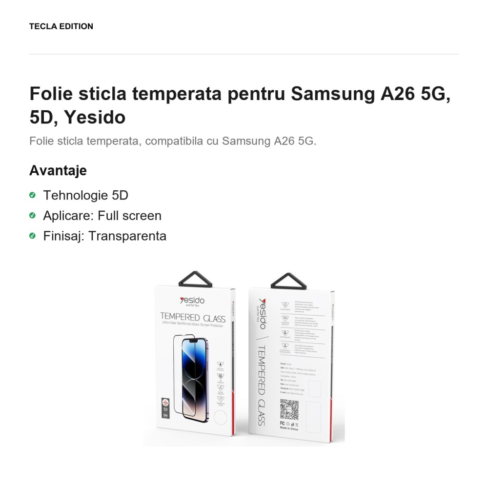 Folie sticla temperata pentru Samsung Galaxy A26 5G, 5D, Yesido [2]