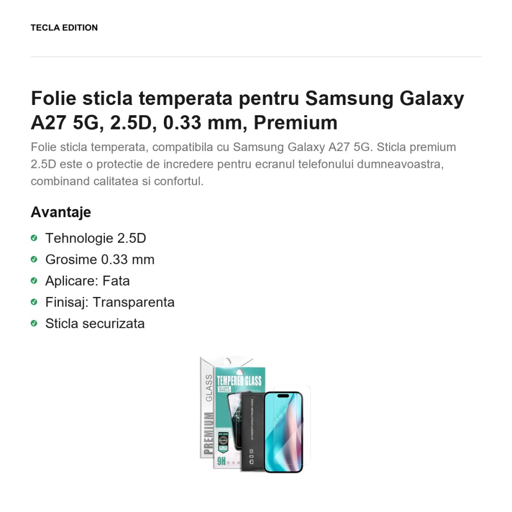 Folie sticla temperata pentru Samsung Galaxy A27 5G, 2.5D, 0.33 mm, Premium [2]