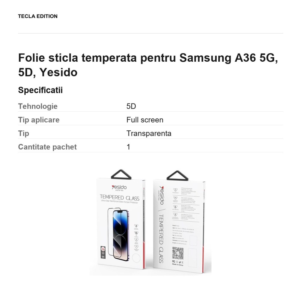 Folie sticla temperata pentru Samsung Galaxy A36 5G, 5D, Yesido [3]