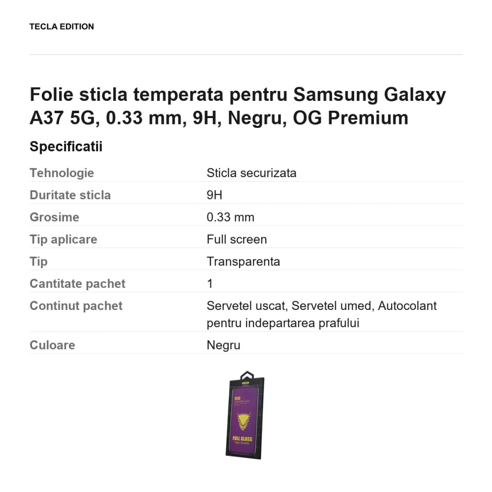 Folie sticla temperata pentru Samsung Galaxy A37 5G, 0.33 mm, 9H, Negru, OG Premium [3]