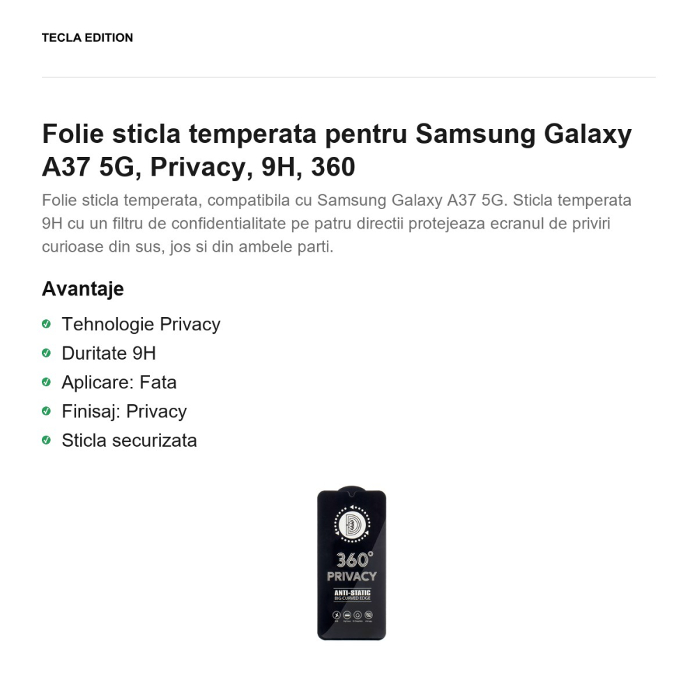 Folie sticla temperata pentru Samsung Galaxy A37 5G, Privacy, 9H, 360 [2]