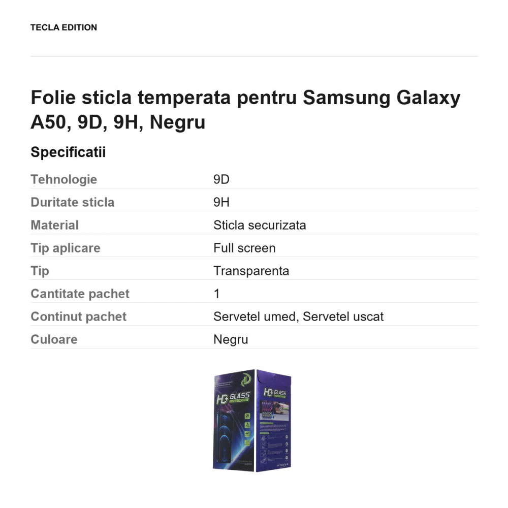 Folie sticla temperata pentru Samsung Galaxy A50, 9D, 9H, Negru [3]