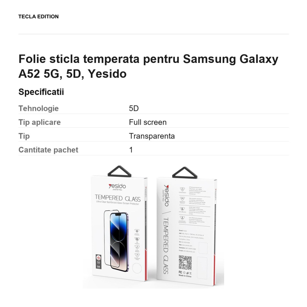 Folie sticla temperata pentru Samsung Galaxy A52 5G, 5D, Yesido [3]