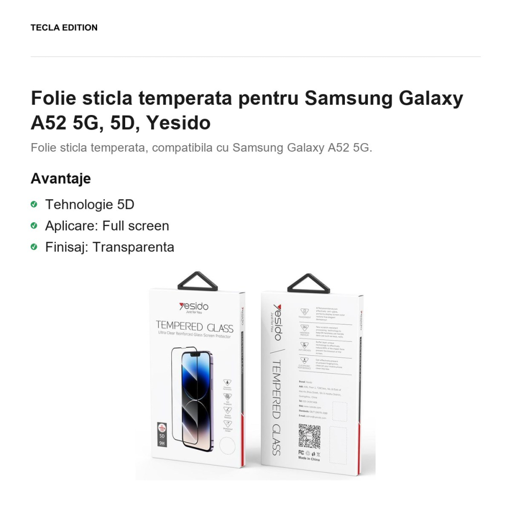 Folie sticla temperata pentru Samsung Galaxy A52 5G, 5D, Yesido [2]