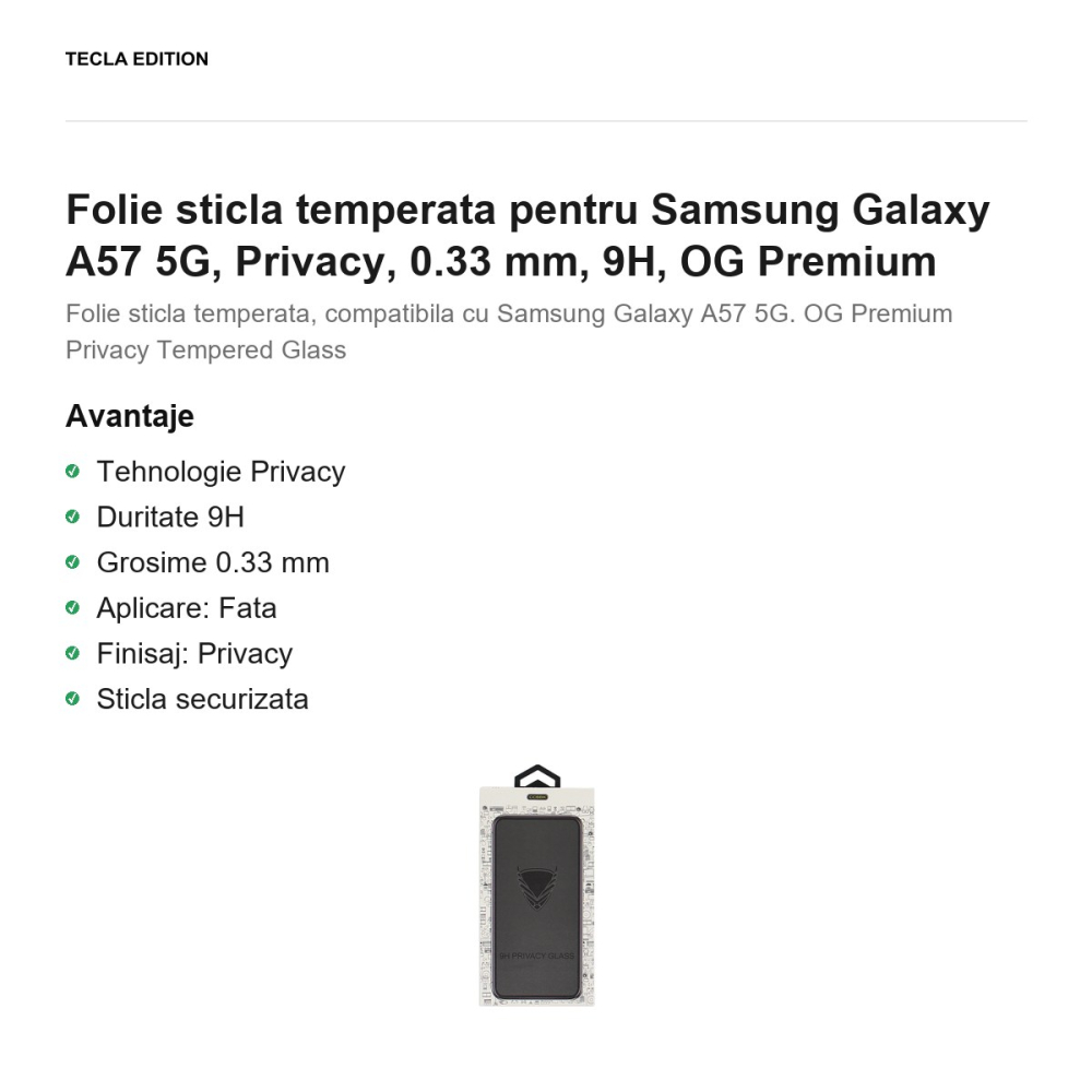 Folie sticla temperata pentru Samsung Galaxy A57 5G, Privacy, 0.33 mm, 9H, OG Premium [2]