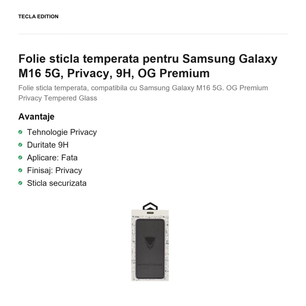 Folie sticla temperata pentru Samsung Galaxy M16 5G, Privacy, 9H, OG Premium [2]