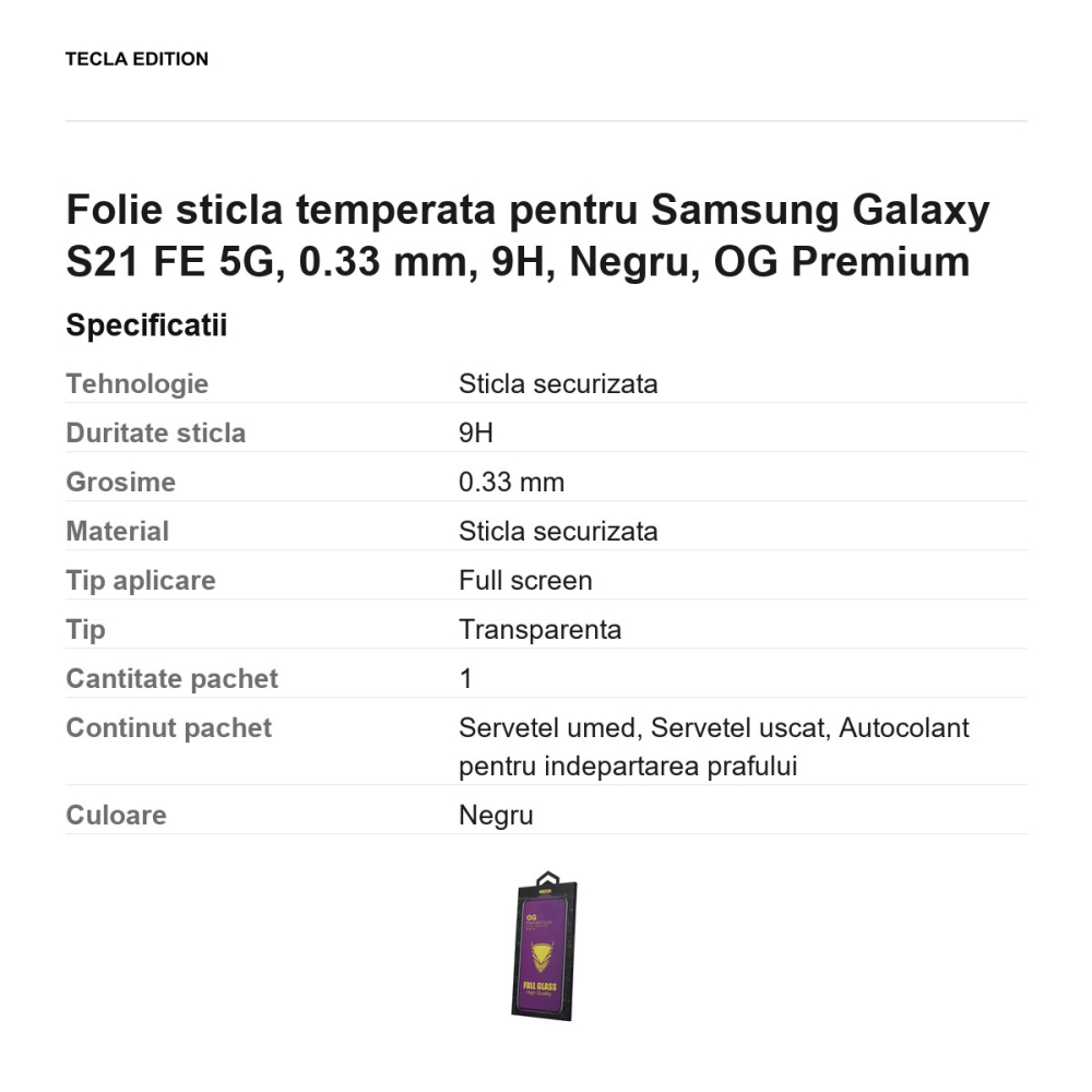 Folie sticla temperata pentru Samsung Galaxy S21 FE 5G, 0.33 mm, 9H, Negru, OG Premium [3]