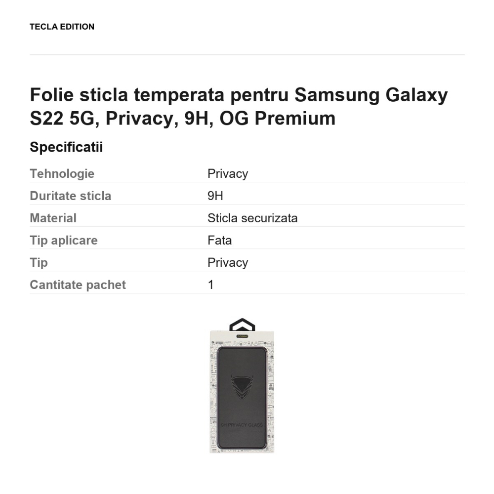 Folie sticla temperata pentru Samsung Galaxy S22 5G, Privacy, 9H, OG Premium [3]