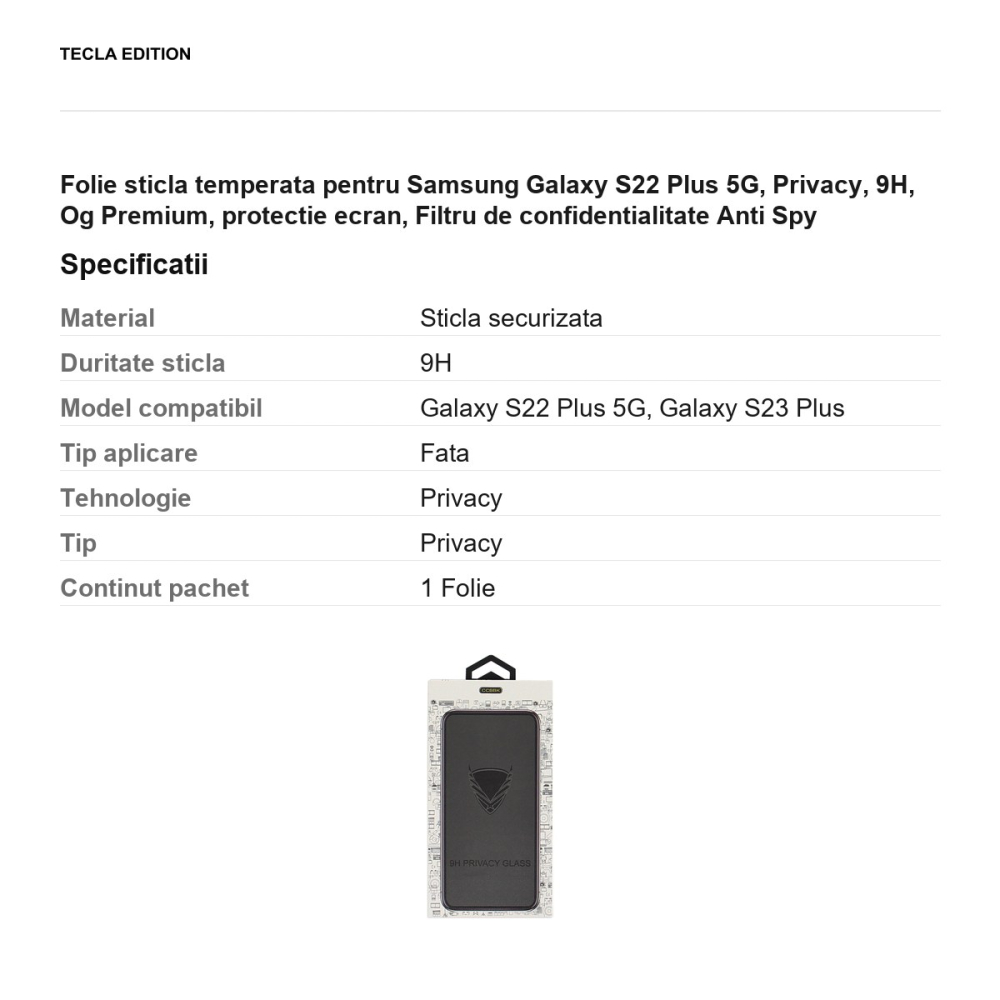 Folie sticla temperata pentru Samsung Galaxy S22 Plus 5G, Privacy, 9H, Og Premium, protectie ecran, Filtru de confidentialitate Anti Spy [3]