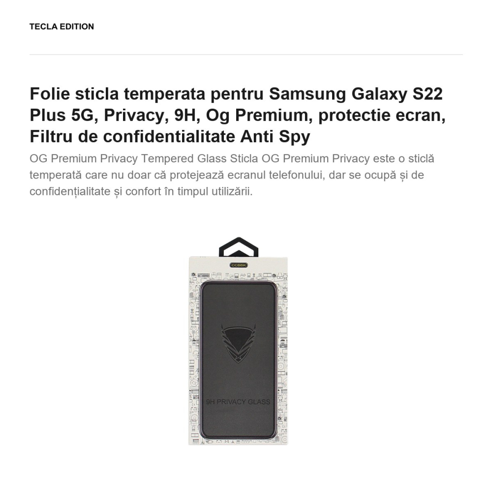 Folie sticla temperata pentru Samsung Galaxy S22 Plus 5G, Privacy, 9H, Og Premium, protectie ecran, Filtru de confidentialitate Anti Spy [2]