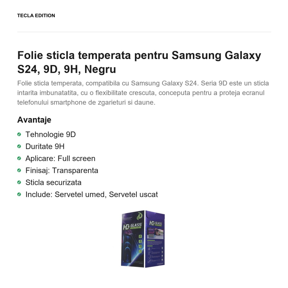 Folie sticla temperata pentru Samsung Galaxy S24, 9D, 9H, Negru [2]
