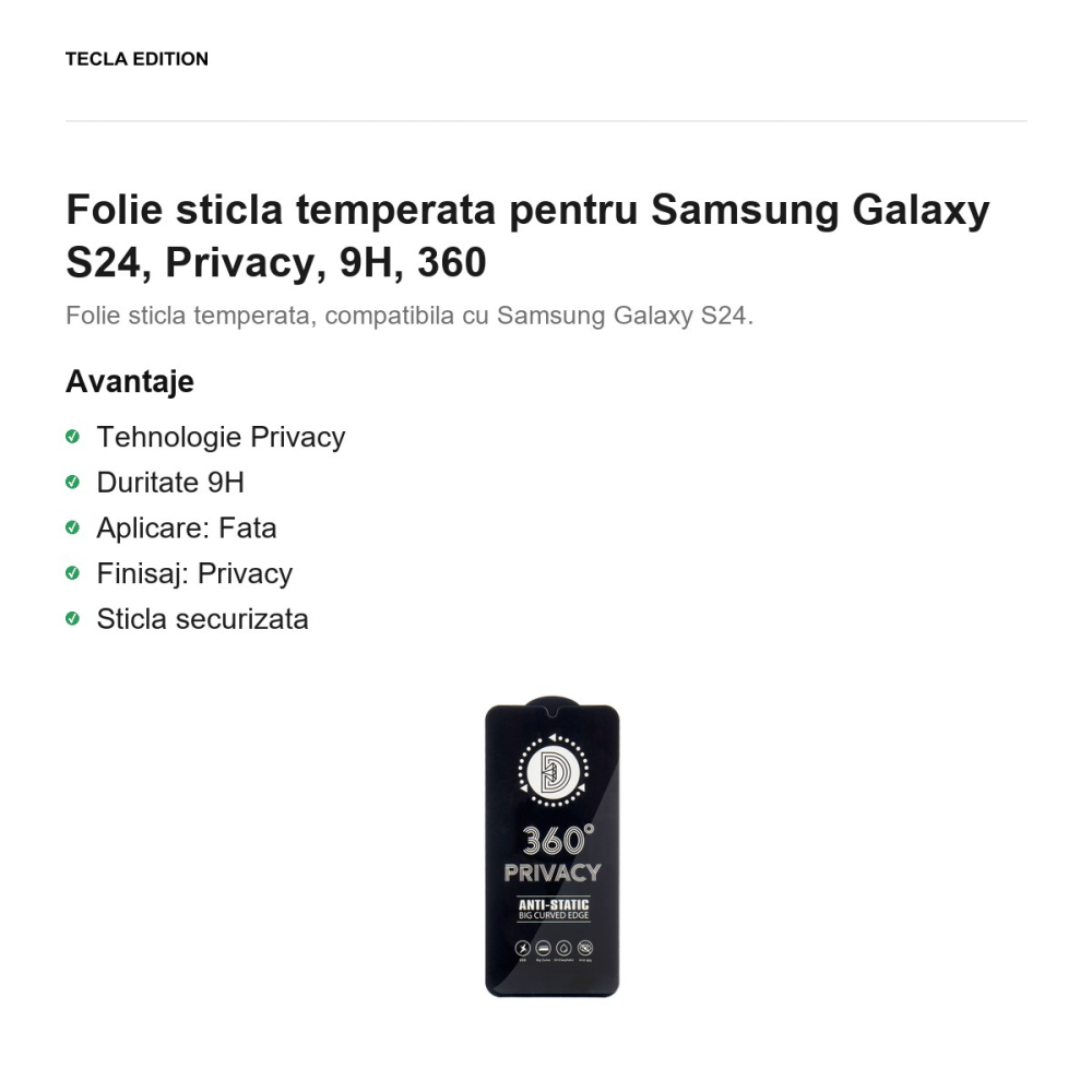 Folie sticla temperata pentru Samsung Galaxy S24, Privacy, 9H, 360 [2]