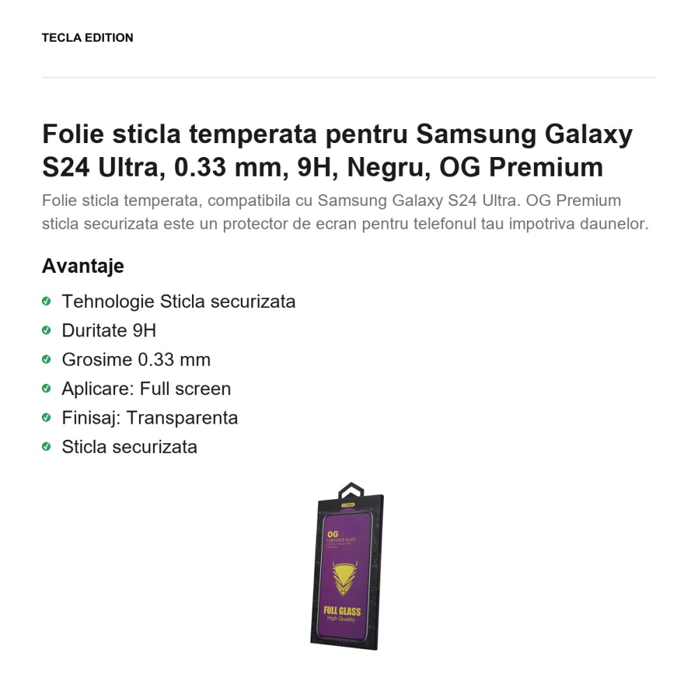 Folie sticla temperata pentru Samsung Galaxy S24 Ultra, 0.33 mm, 9H, Negru, OG Premium [2]