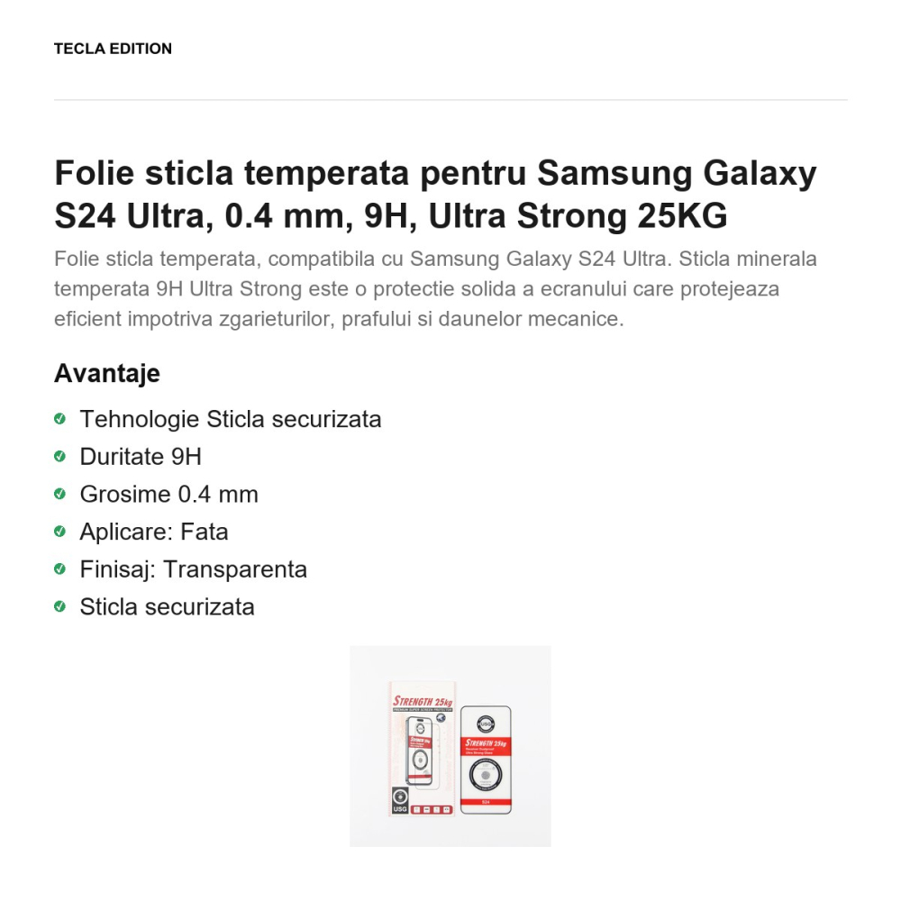 Folie sticla temperata pentru Samsung Galaxy S24 Ultra, 0.4 mm, 9H, Ultra Strong 25KG [2]