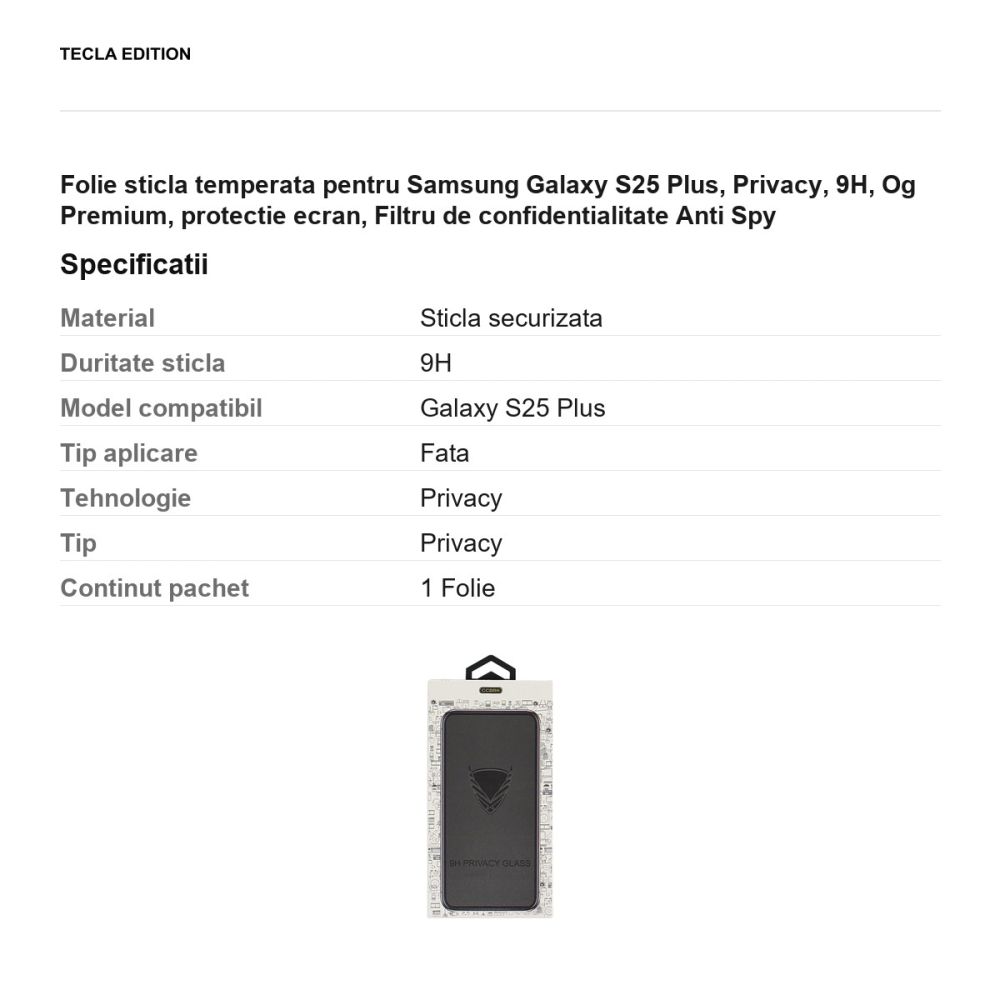 Folie sticla temperata pentru Samsung Galaxy S25 Plus, Privacy, 9H, Og Premium, protectie ecran, Filtru de confidentialitate Anti Spy [3]