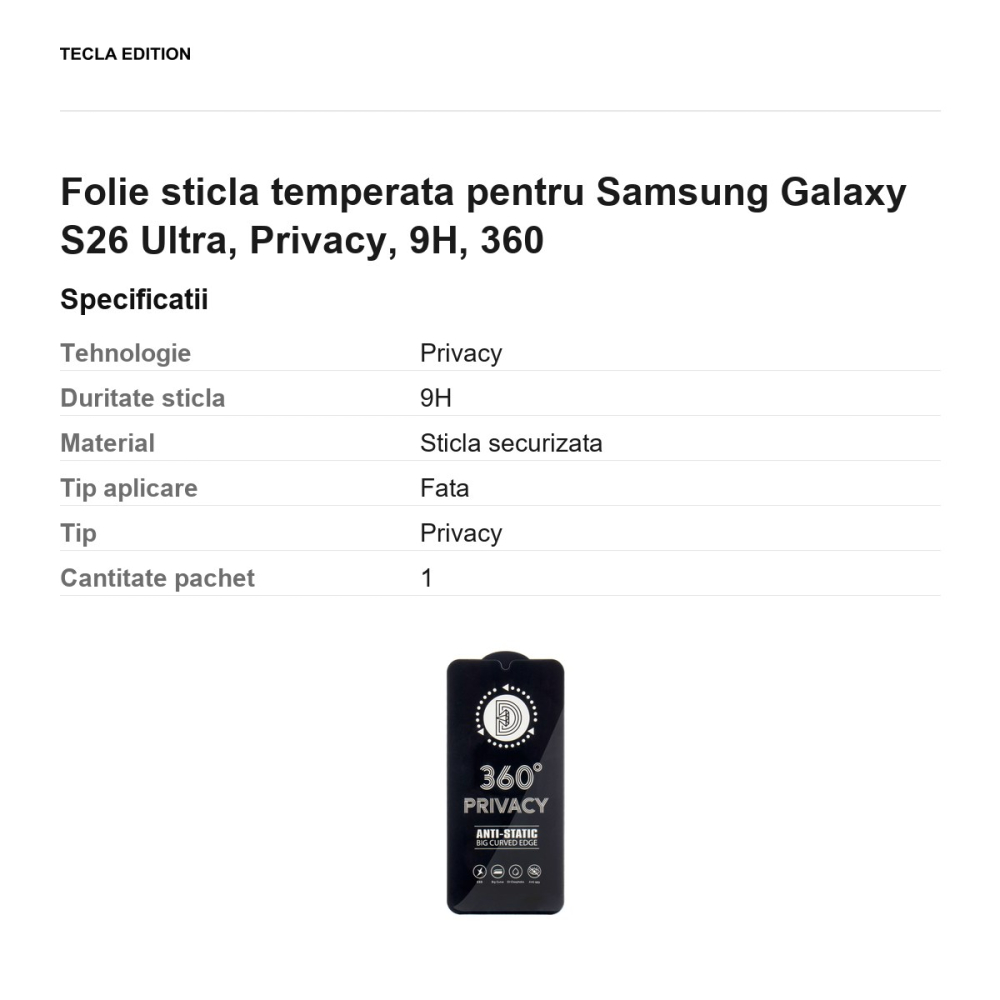 Folie sticla temperata pentru Samsung Galaxy S26 Ultra, Privacy, 9H, 360 [3]
