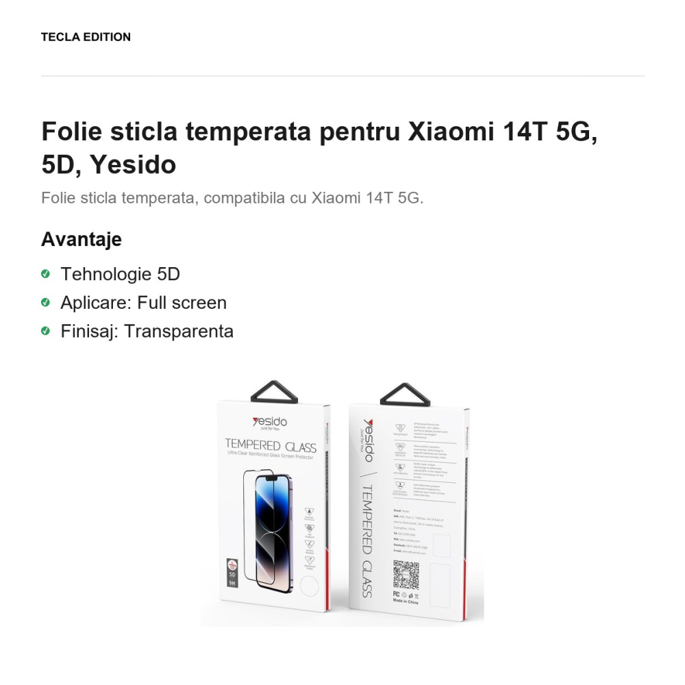 Folie sticla temperata pentru Xiaomi 14T 5G, 5D, Yesido [2]