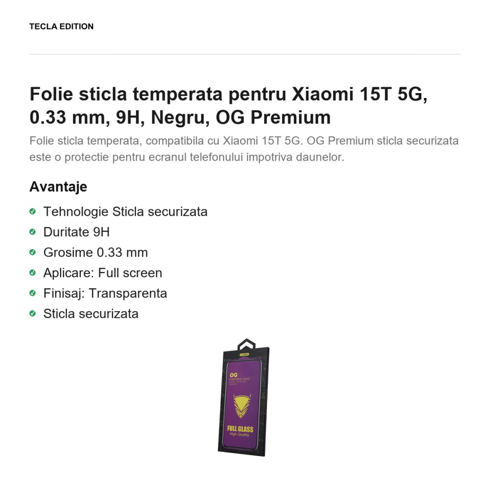 Folie sticla temperata pentru Xiaomi 15T 5G, 0.33 mm, 9H, Negru, OG Premium [2]