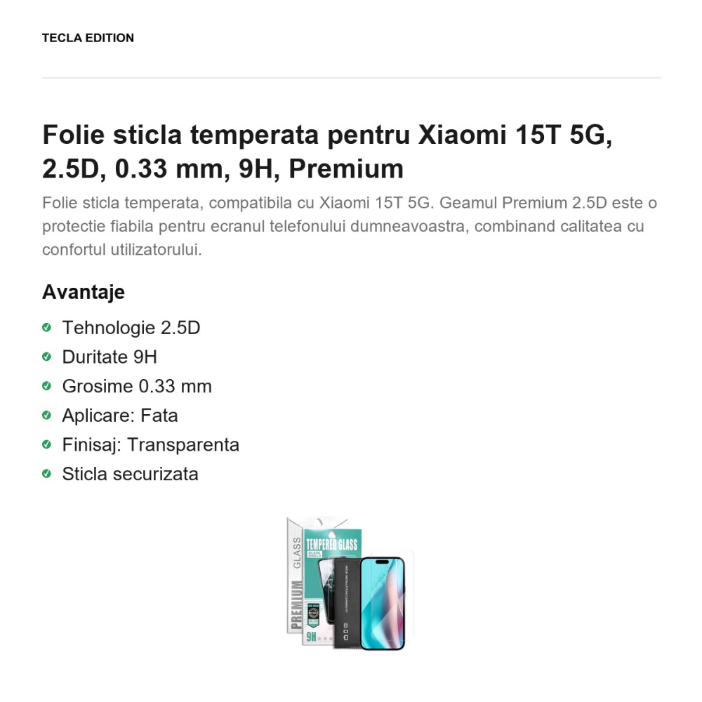 Folie sticla temperata pentru Xiaomi 15T 5G, 2.5D, 0.33 mm, 9H, Premium [2]