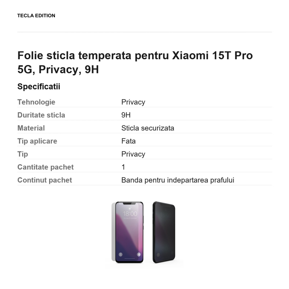 Folie sticla temperata pentru Xiaomi 15T Pro 5G, Privacy, 9H [3]