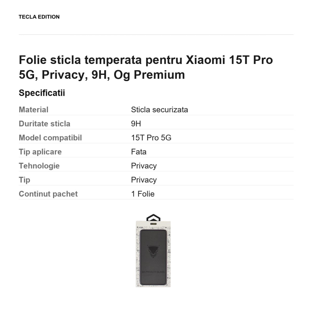 Folie sticla temperata pentru Xiaomi 15T Pro 5G, Privacy, 9H, Og Premium [3]