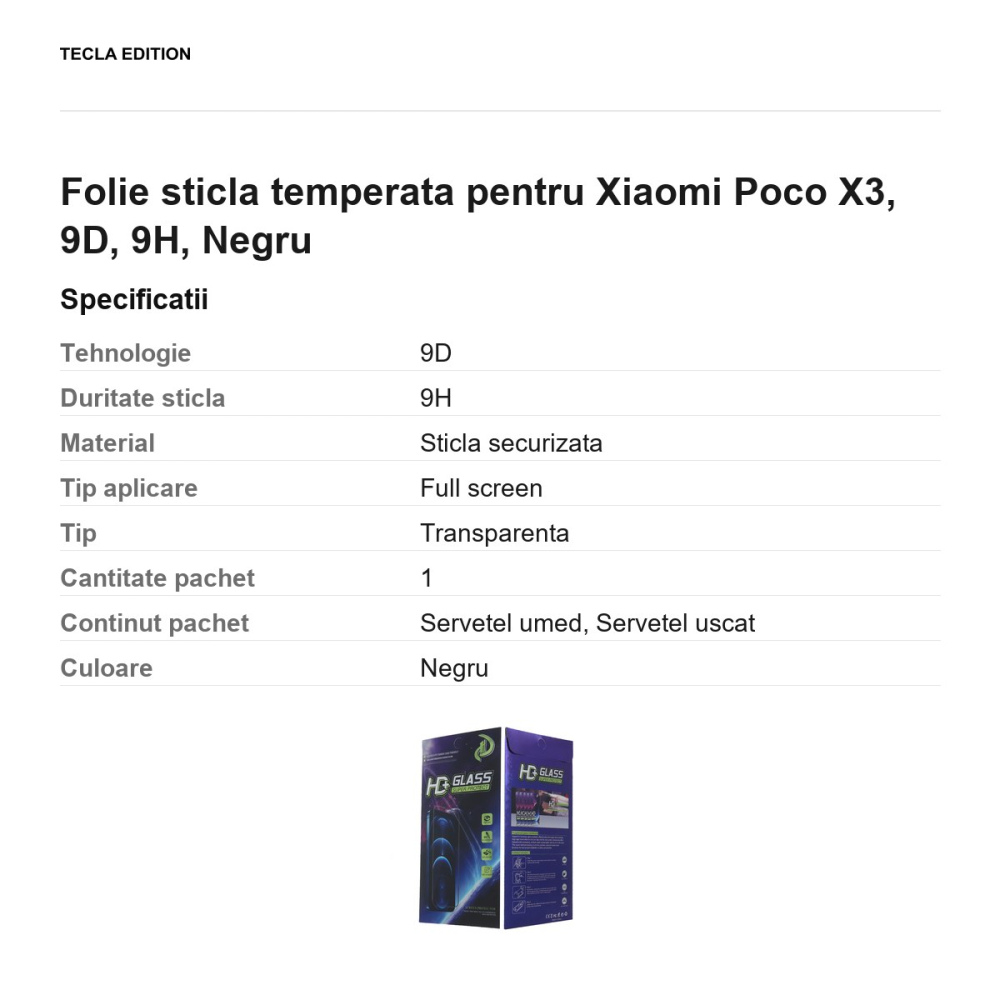 Folie sticla temperata pentru Xiaomi Poco X3, 9D, 9H, Negru [3]