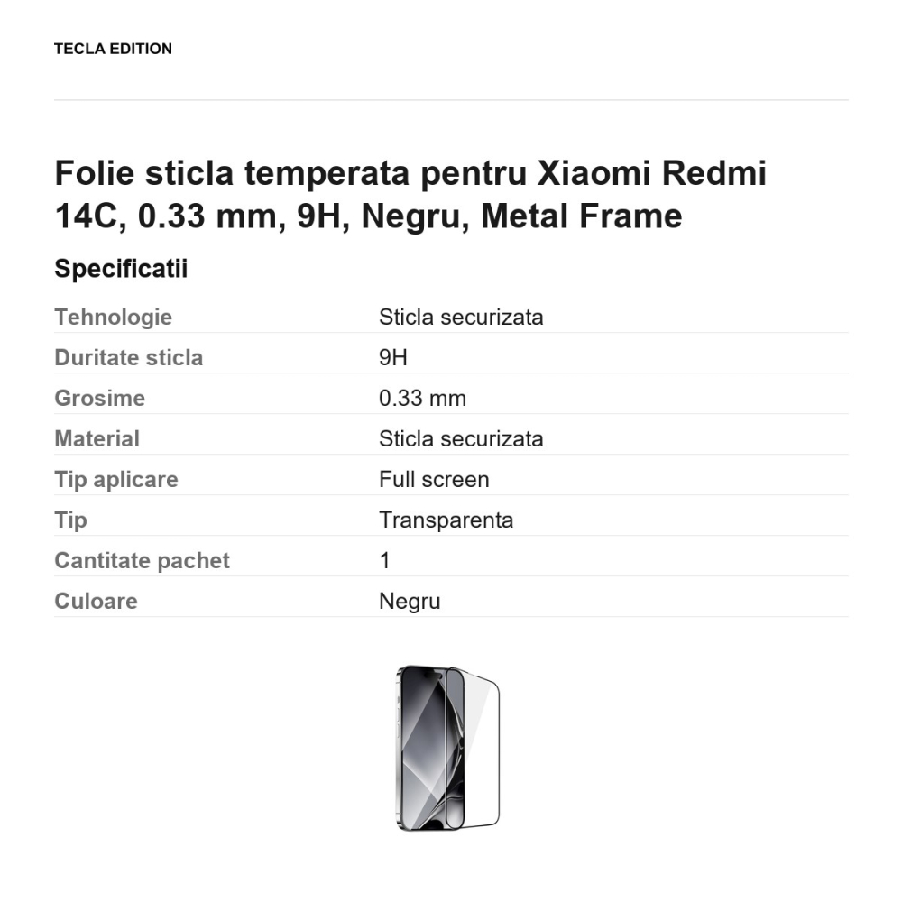 Folie sticla temperata pentru Xiaomi Redmi 14C, 0.33 mm, 9H, Negru, Metal Frame [3]