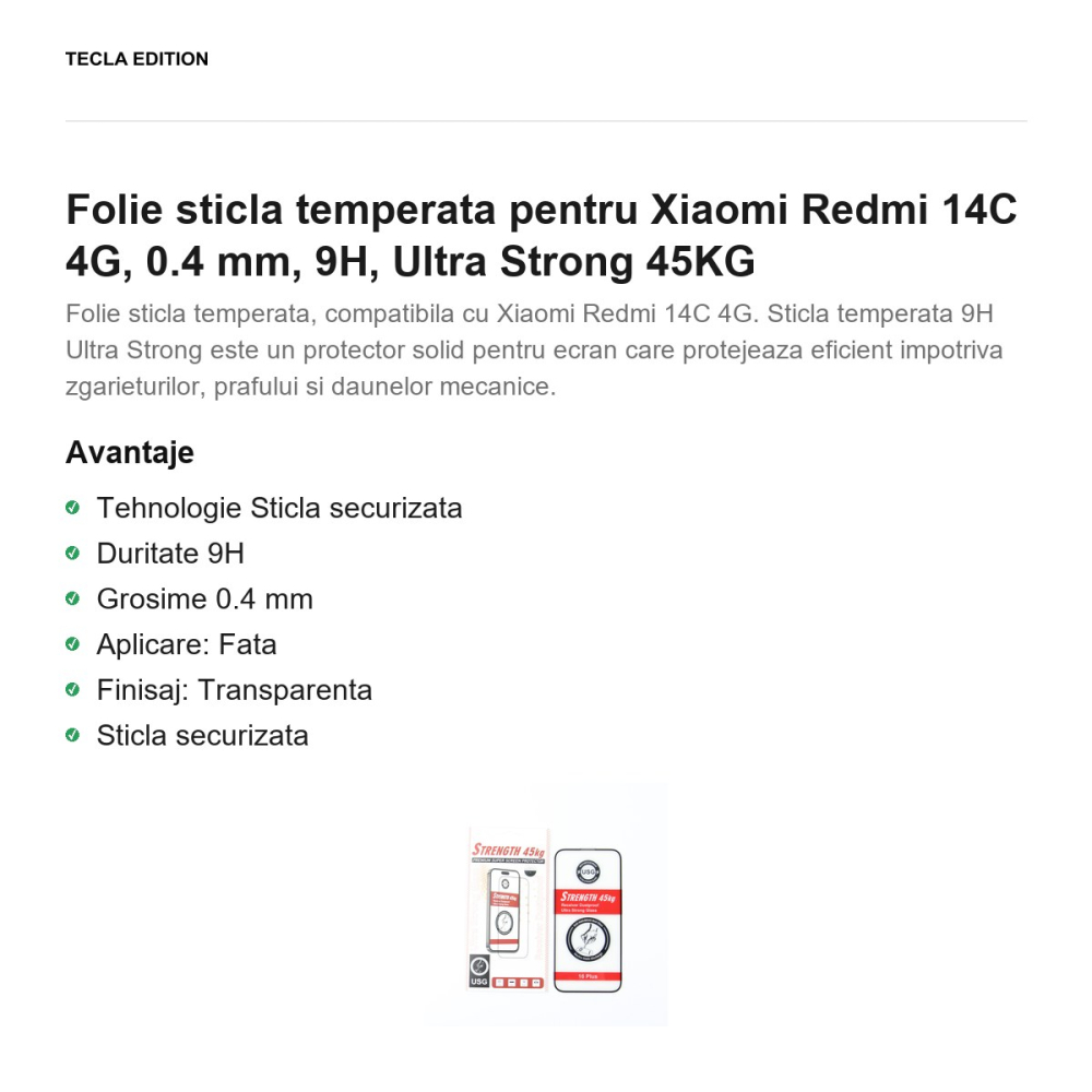 Folie sticla temperata pentru Xiaomi Redmi 14C 4G, 0.4 mm, 9H, Ultra Strong 45KG [2]
