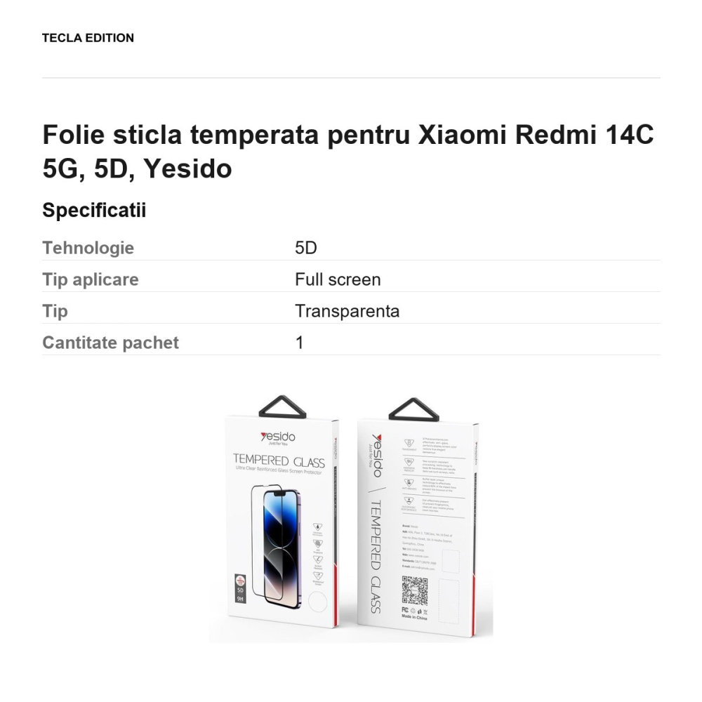 Folie sticla temperata pentru Xiaomi Redmi 14C 5G, 5D, Yesido [3]