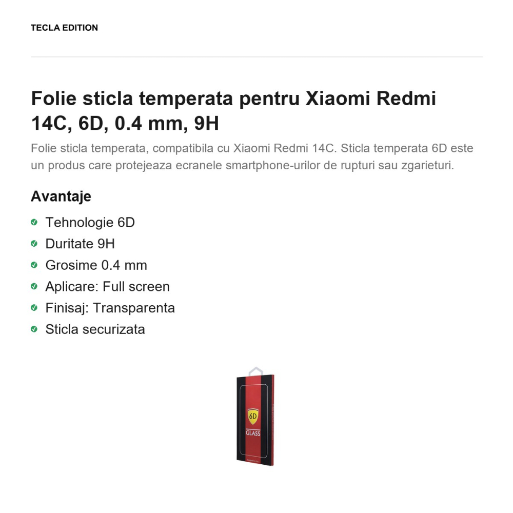 Folie sticla temperata pentru Xiaomi Redmi 14C, 6D, 0.4 mm, 9H [2]